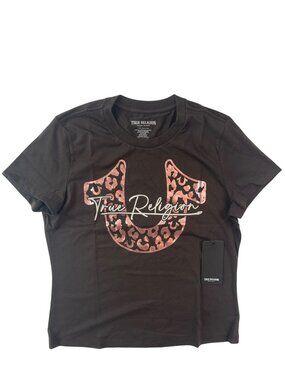 True Religion Leopard Logo Crew Neck T-Shirt Java Brown Women's Sz Large $59NWT
